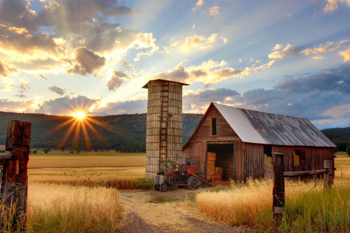 Old rustic farmhouse and grain silo in foreground of beautiful sunset landscape with hills