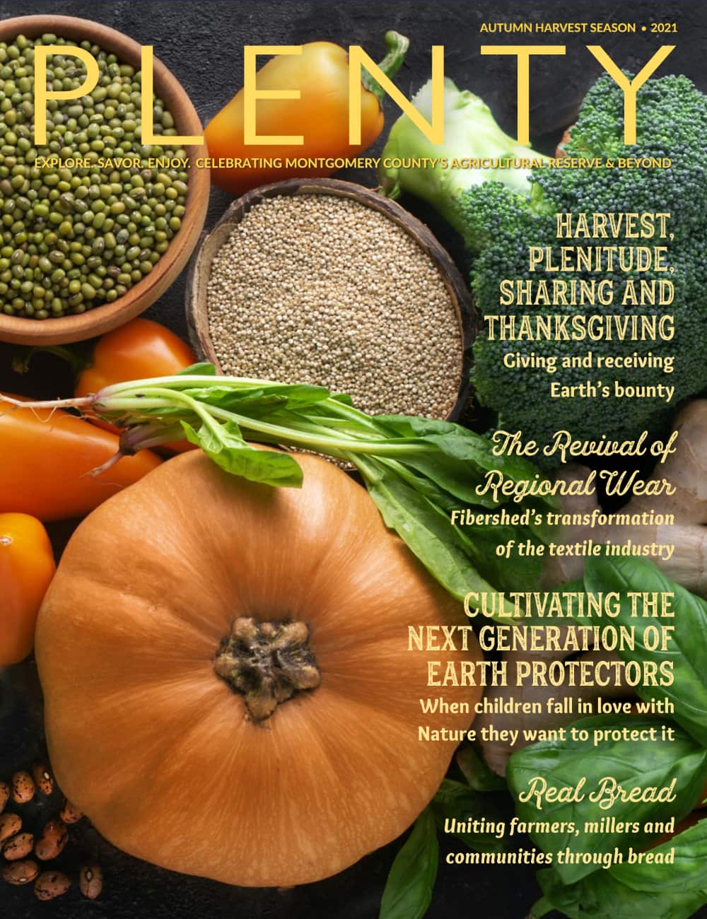 Plenty Magazine Autumn 2021 cover with pumpkin, peas, seeds and broccoli head